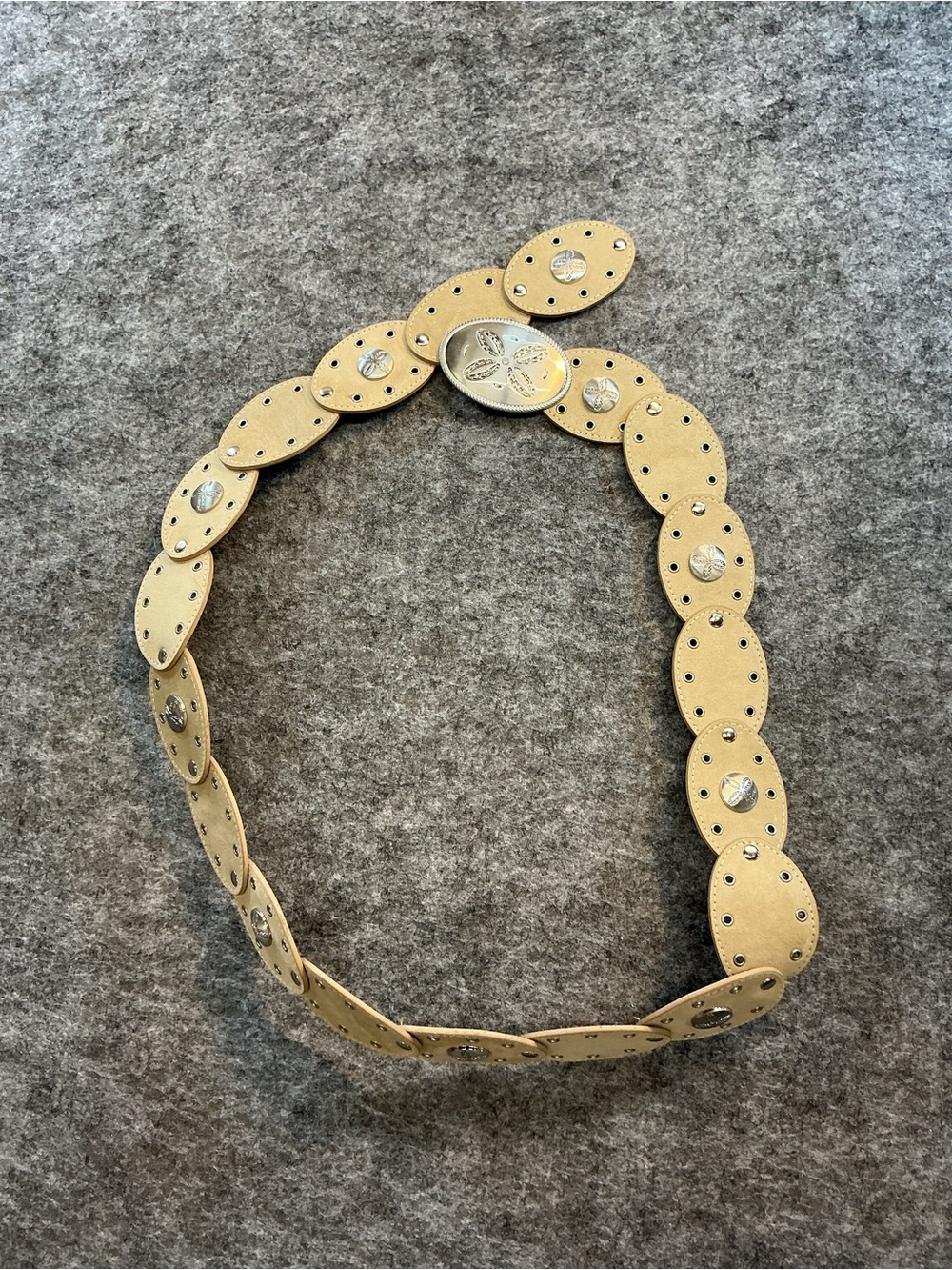 Unbranded Beige Studded Conch Oval Leather Belt with Silver Medallions